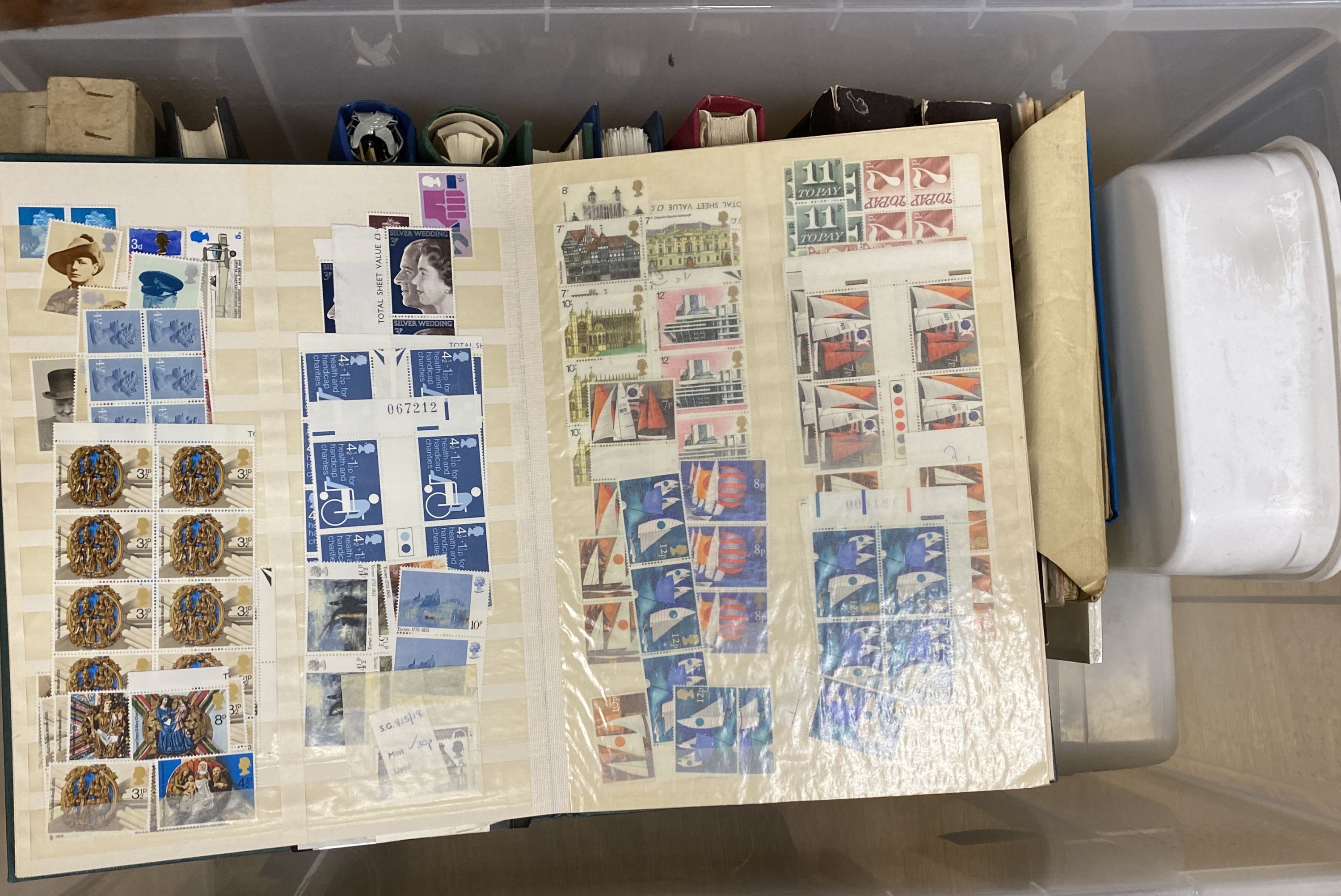 A large stamp collection in six plastic crates and box including Great Britain Channel islands from 1941, Isle of Man, first day covers, new issues in original envelopes plus various world, some in albums